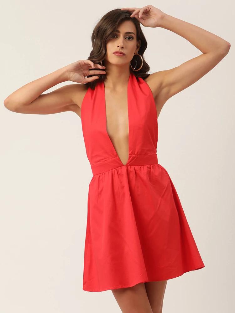 red solid v neck dress