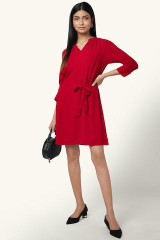 red solid v neck formal knee length 3/4th sleeves women comfort fit dress