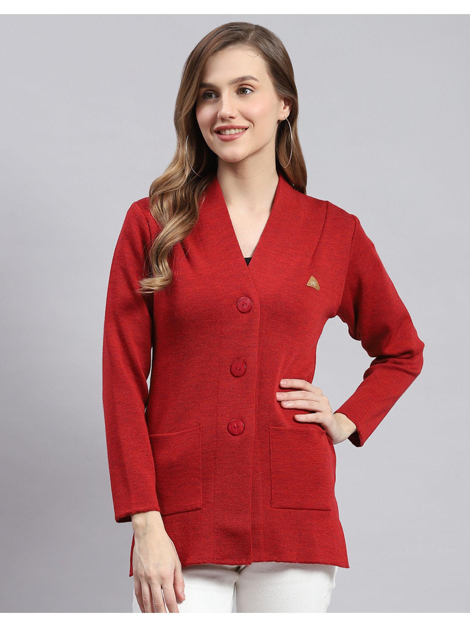 red solid v-neck full sleeves cardigan