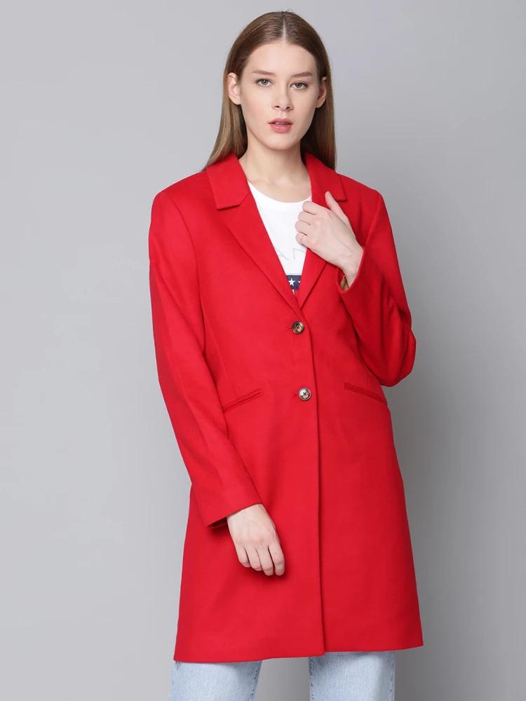 red solid v neck overcoat