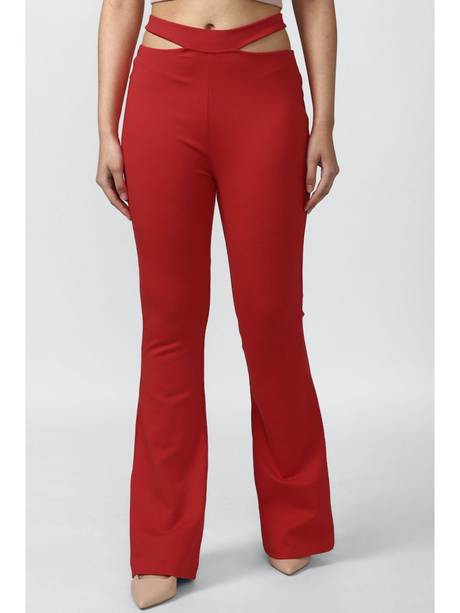 red solid wide leg mid waist pants