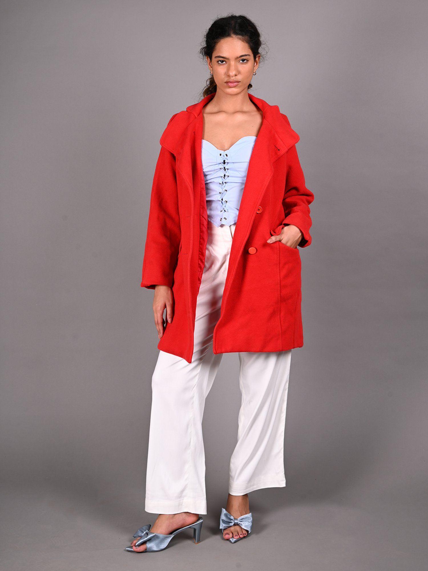red solid woollen overcoat for women