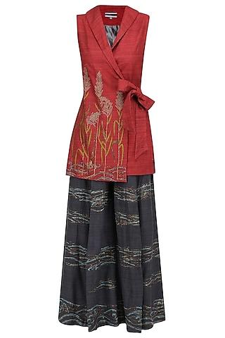 red sonphool wrap tunic with charcoal grey pants