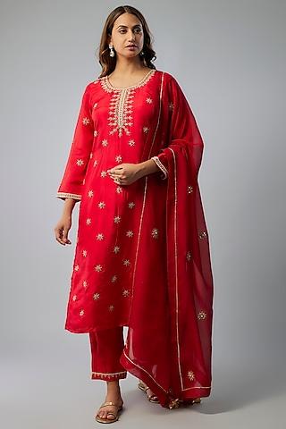 red spun silk hand embroidered kurta set