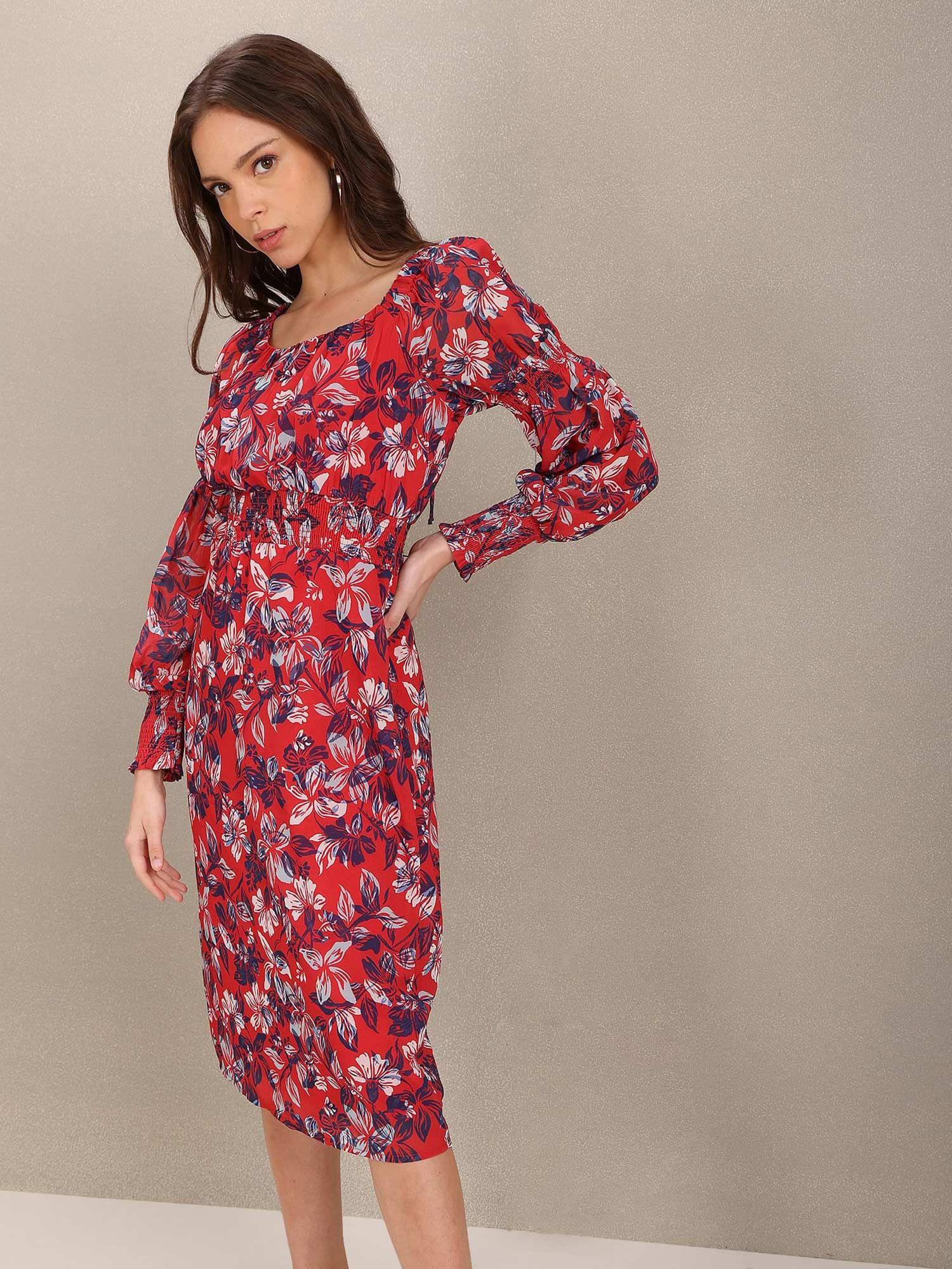 red square neck floral print dress