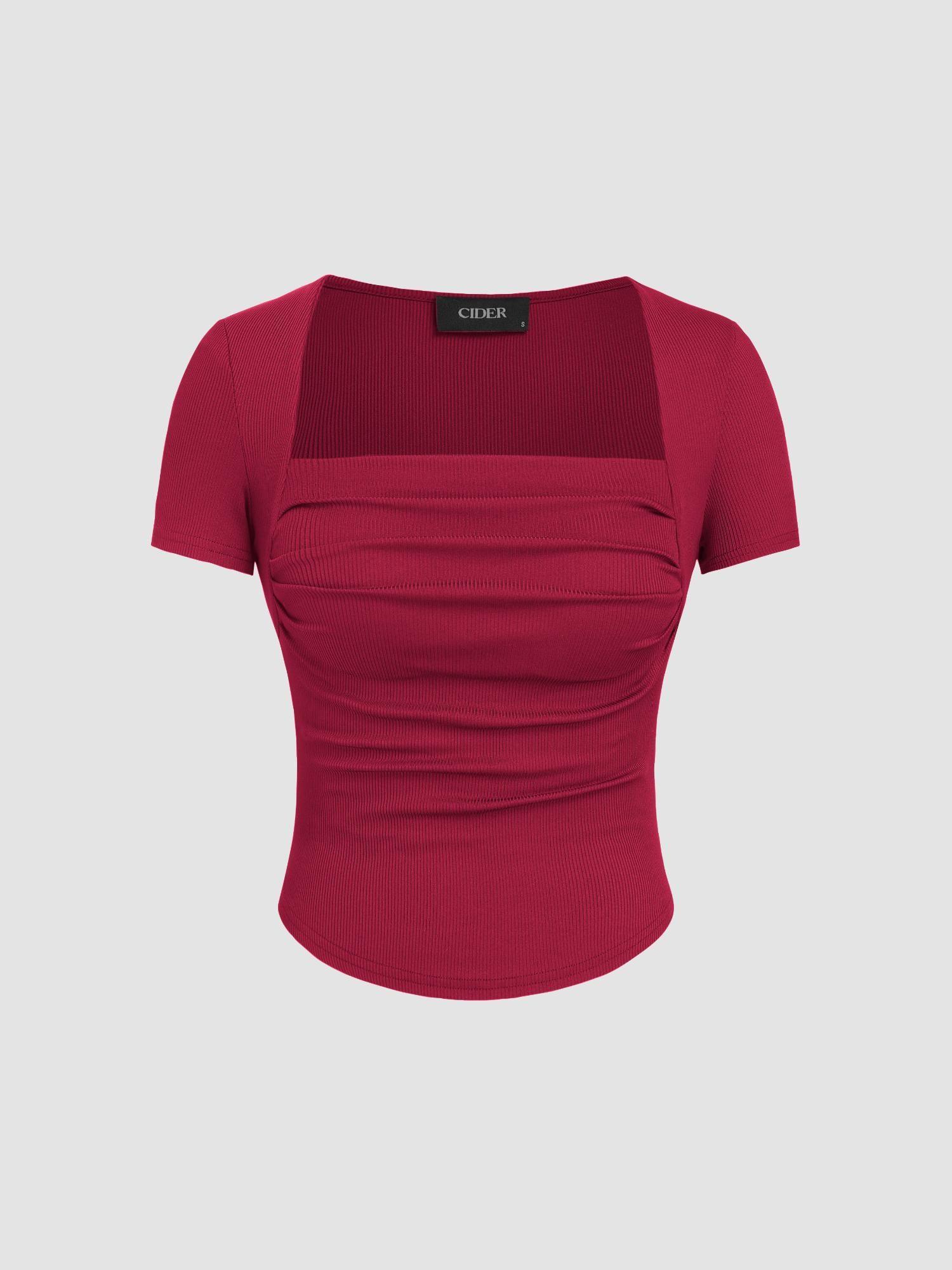 red square neck ruched short sleeve top