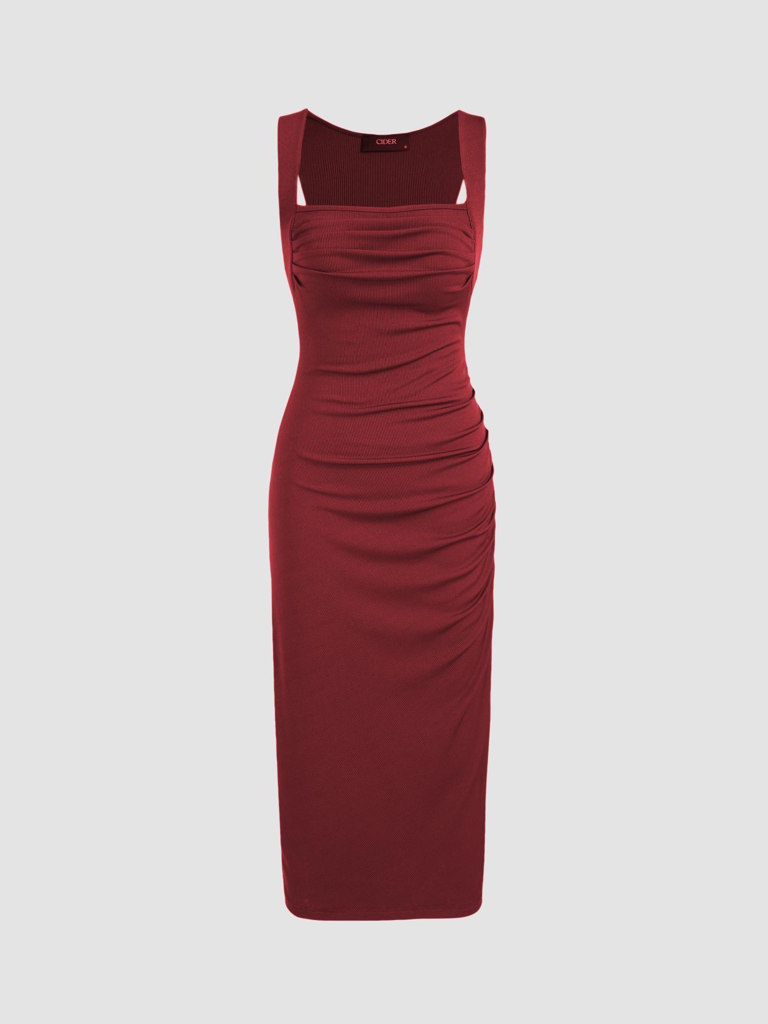 red square neck ruched sleeveless midi dress