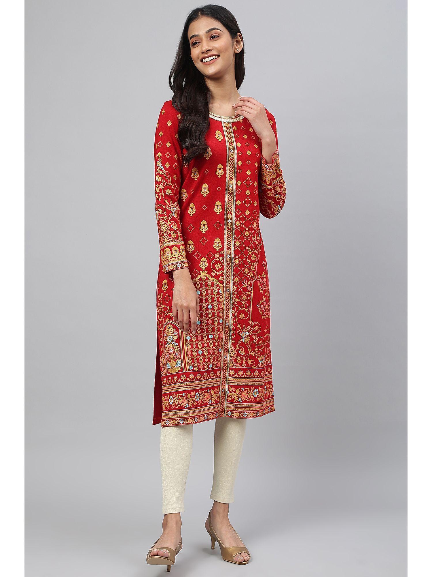 red statement printed winter kurta