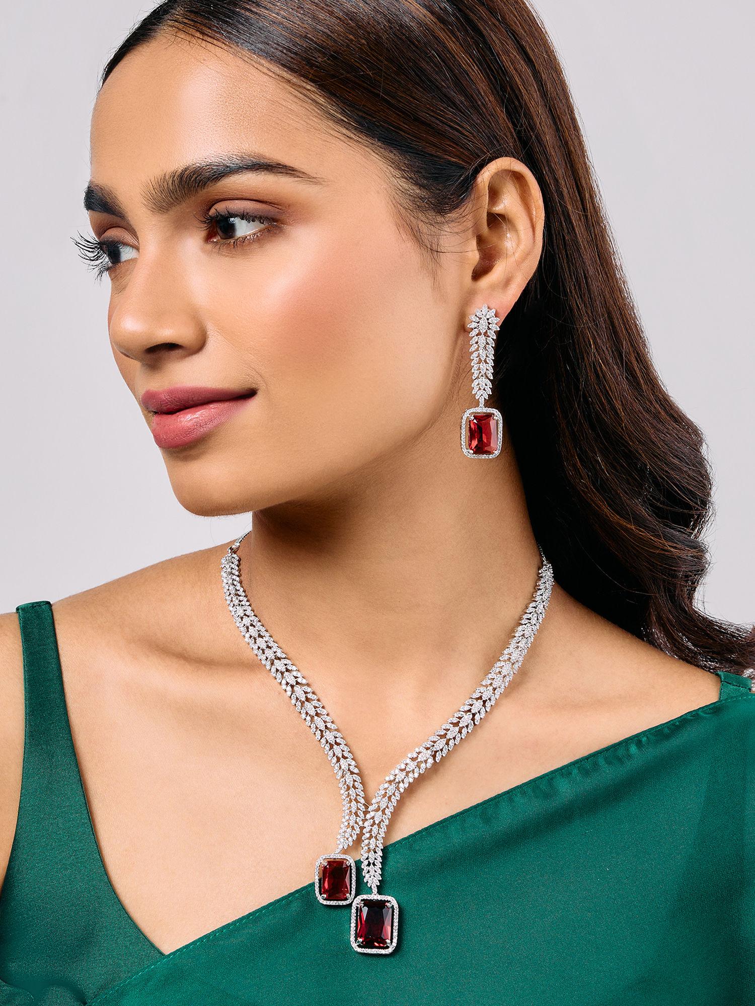 red stone american diamond necklace drop earrings jewellery