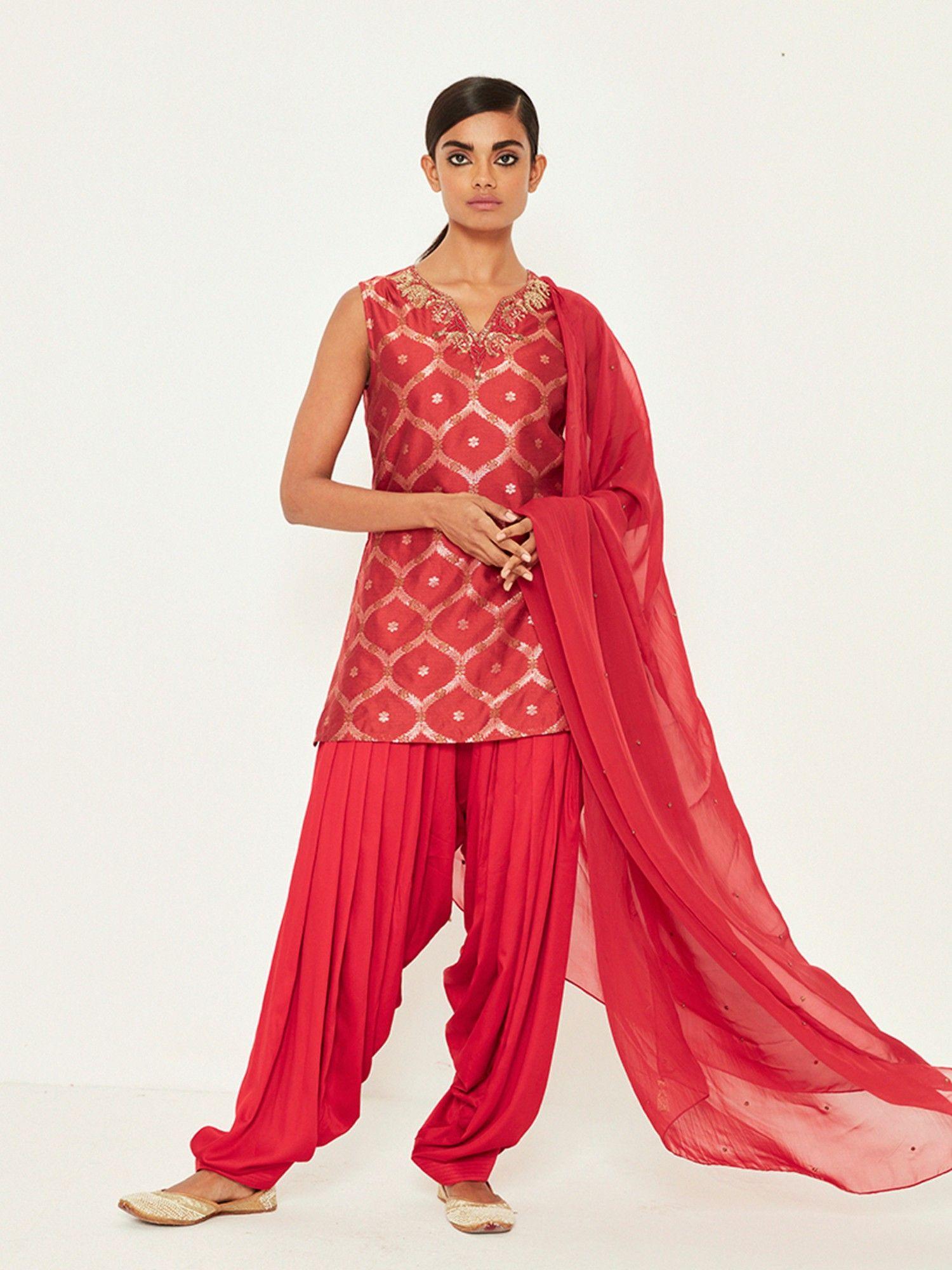 red straight embroidered kurti