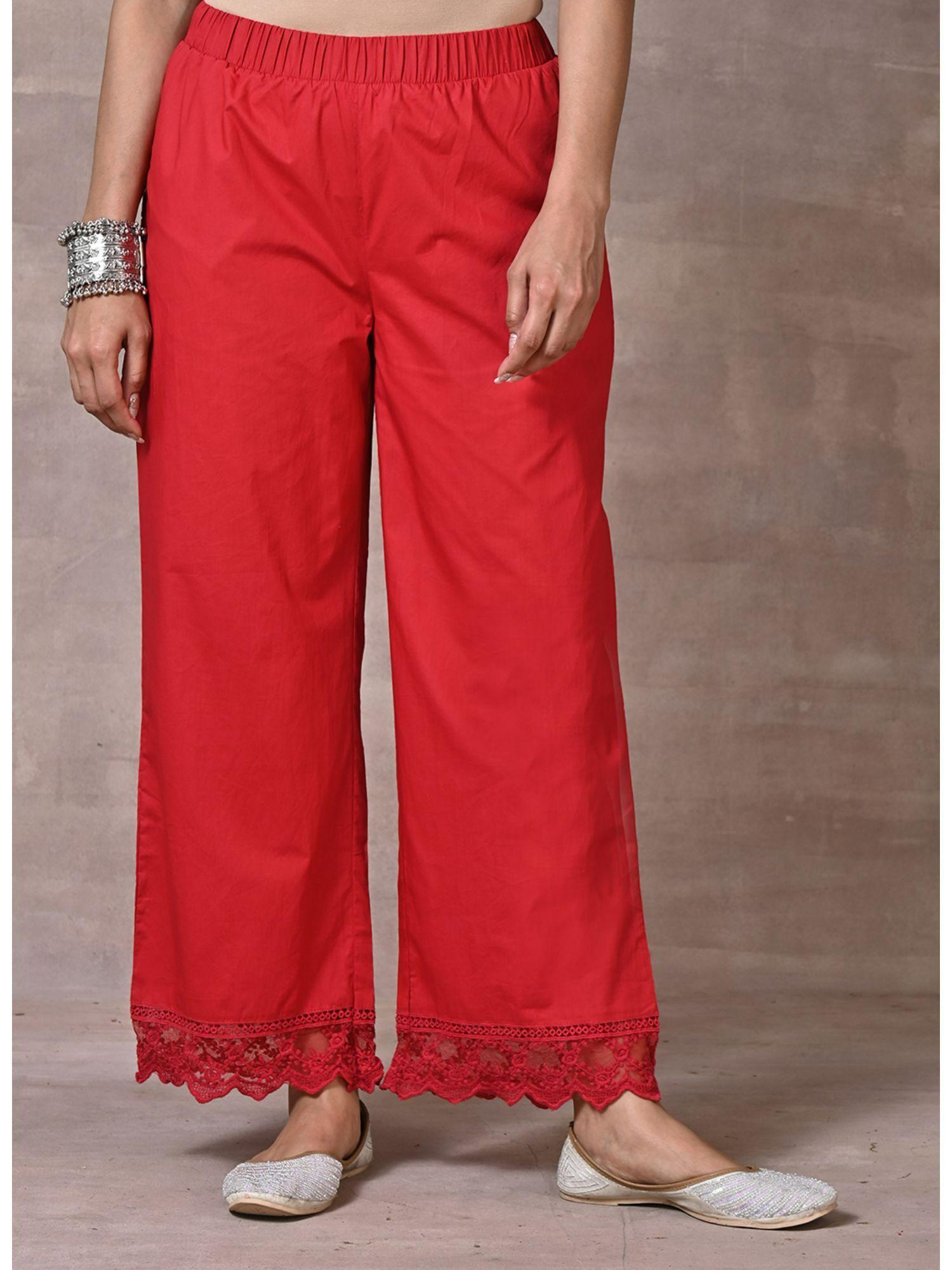 red straight fit palazzo with hem details