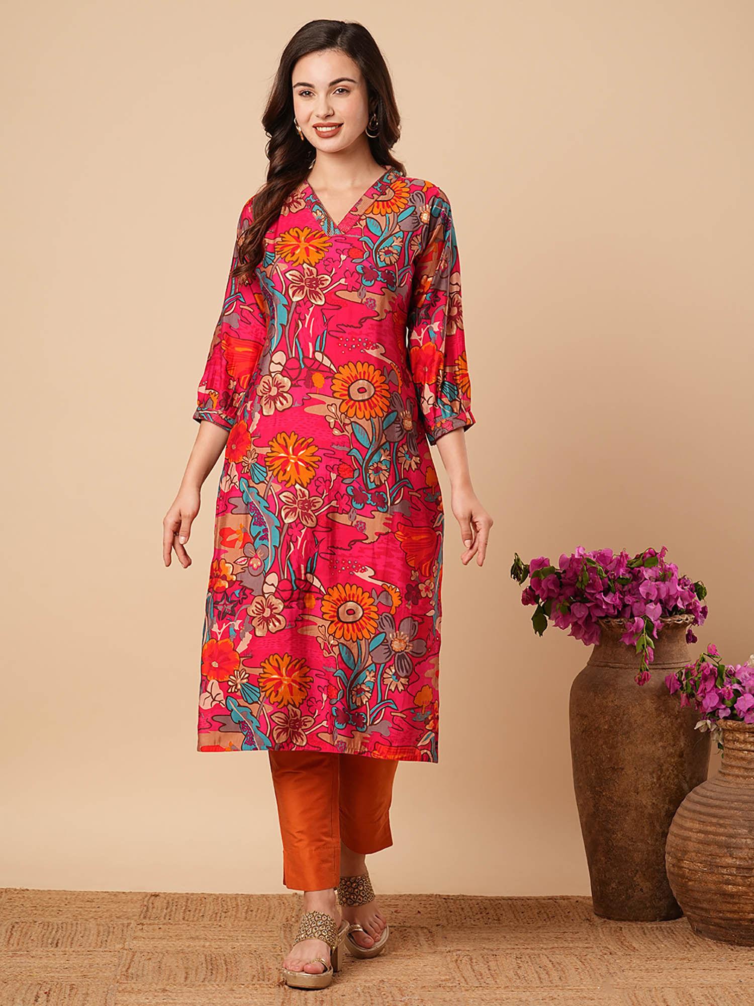 red straight floral printed v-neck kurta