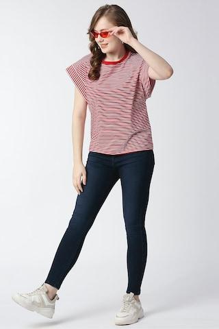 red stripe casual cap sleeves crew neck women slim fit t-shirt