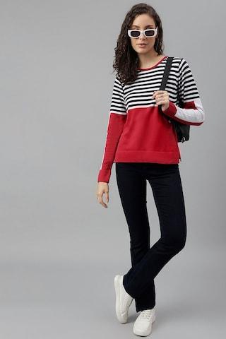 red stripe casual full sleeves round neck women classic fit sweater
