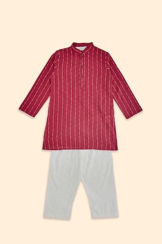 red stripe casual mandarin full sleeves thigh-length boys regular fit pant kurta set