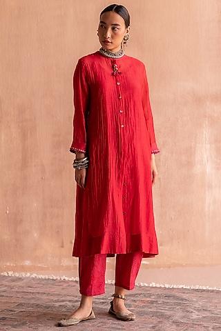 red striped chanderi hand block printed tunic set