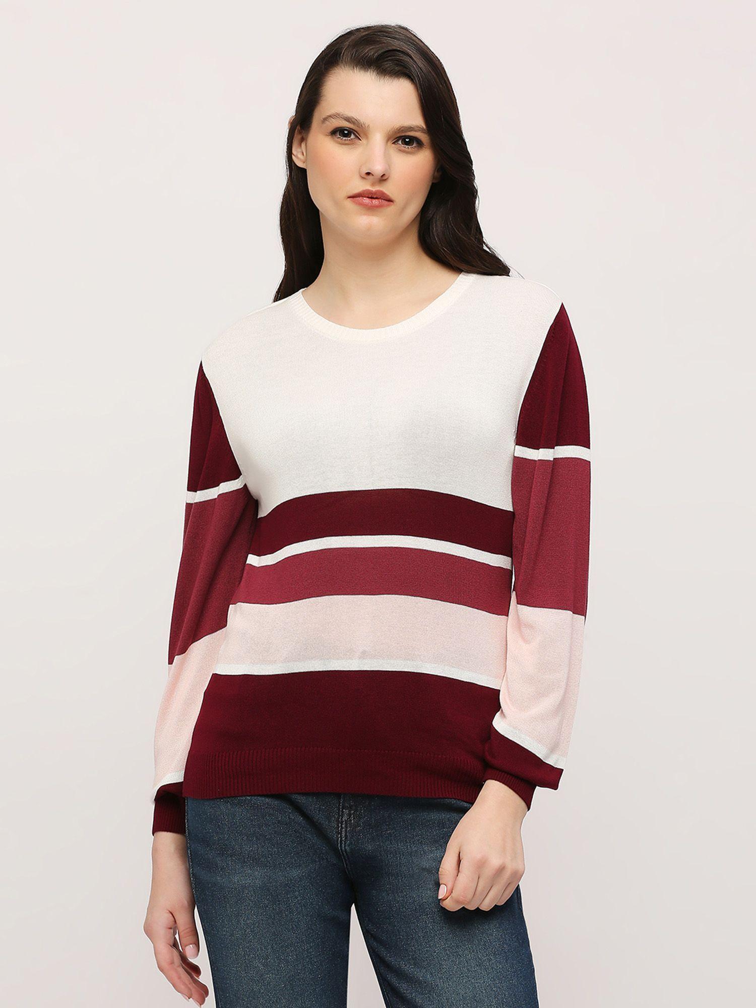 red striped full sleeved flat knit pullover