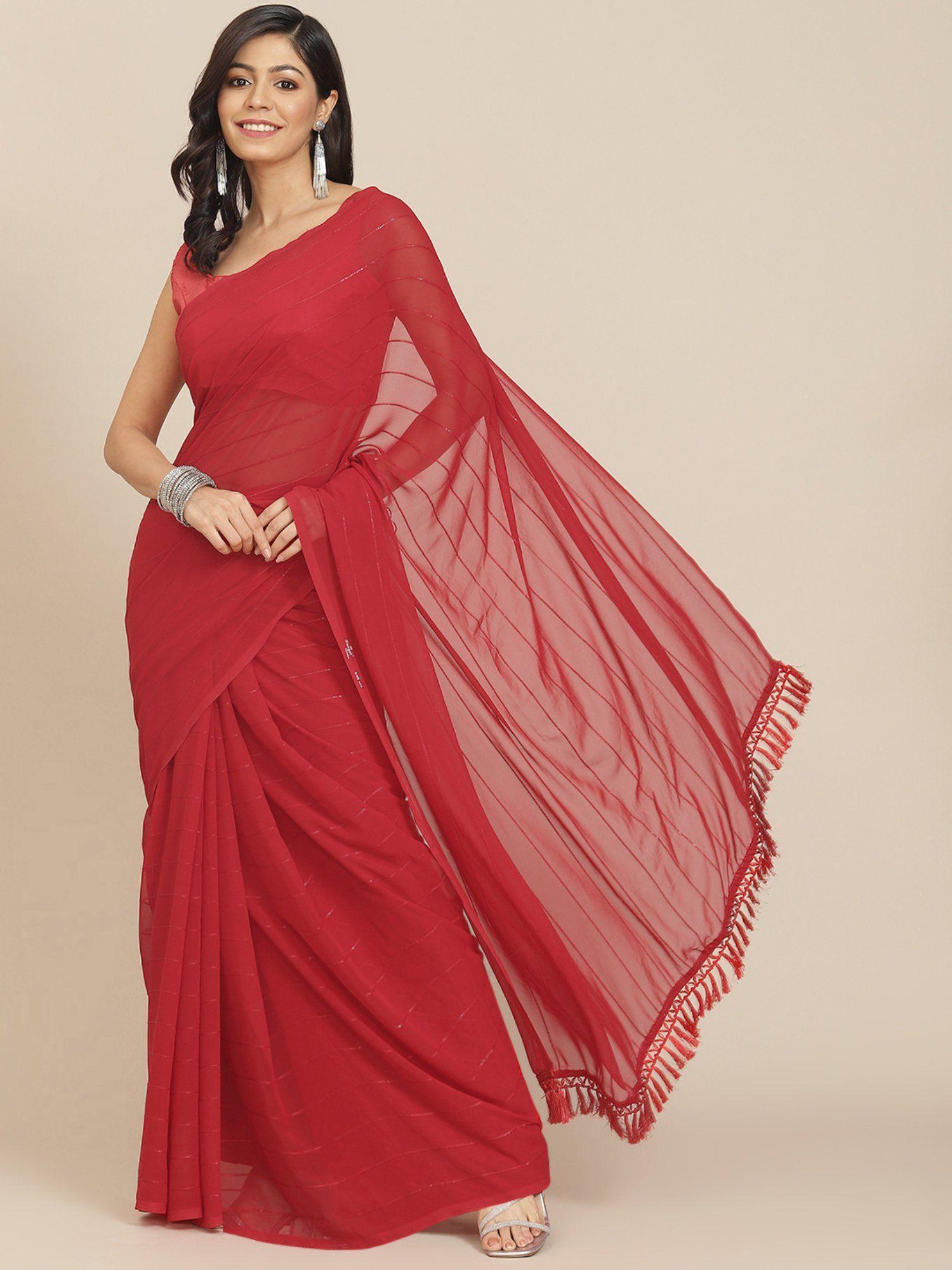 red striped polyester saree with tassels with unstitched blouse