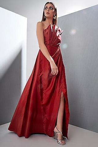 red structured gown with bow