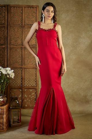 red suiting embroidered gown