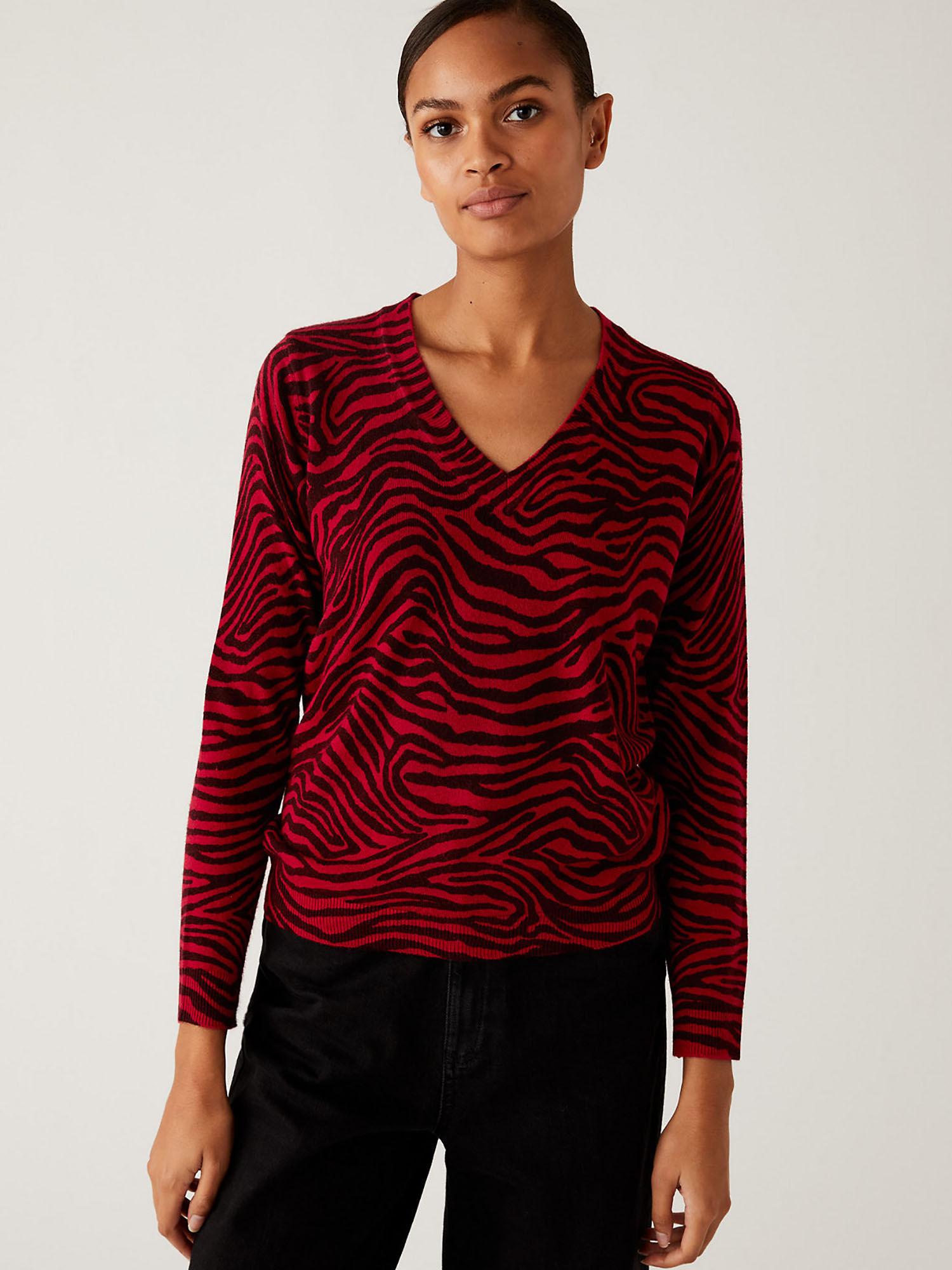 red supersoft animal print v neck sweater