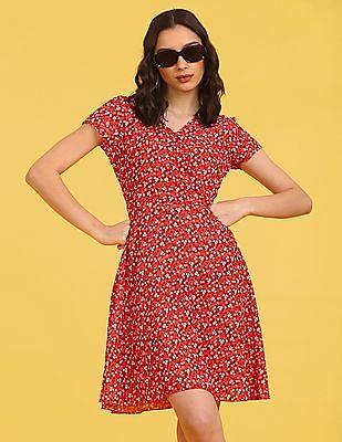 red surplice neck polyester floral print fit and flare dress