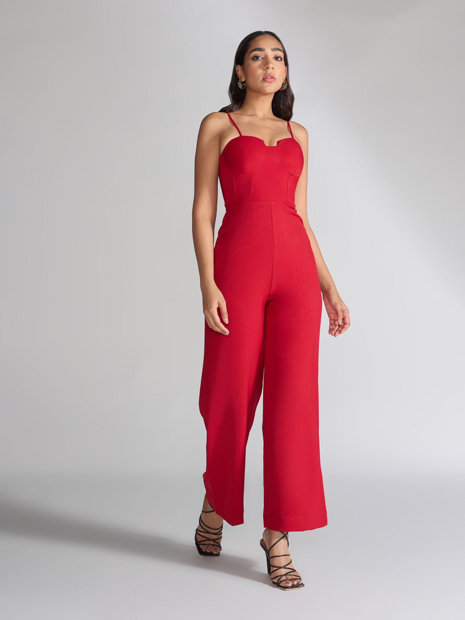 red sweetheart neck solid jumpsuit