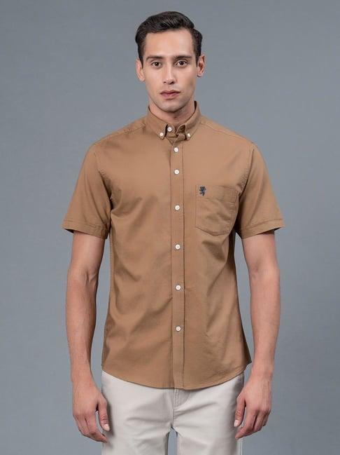 red tape beige regular fit cotton shirt