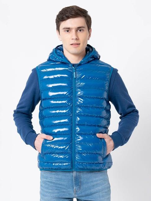 red tape blue sleeveless hooded jacket