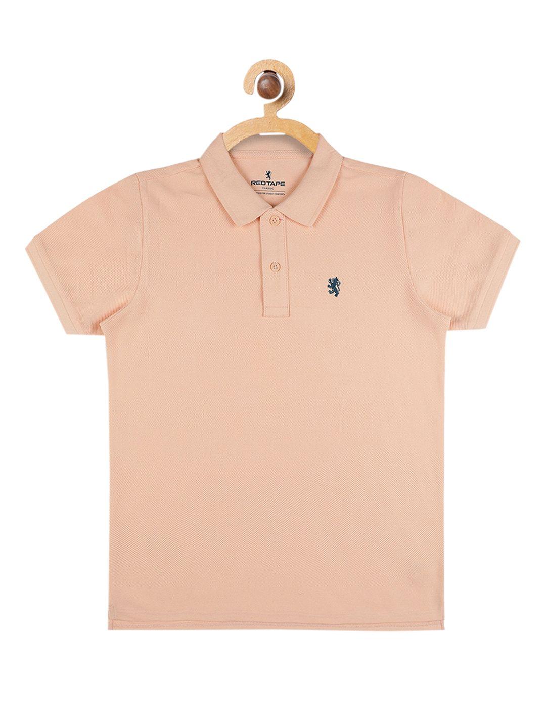red tape boys peach-coloured self design polo collar t-shirt