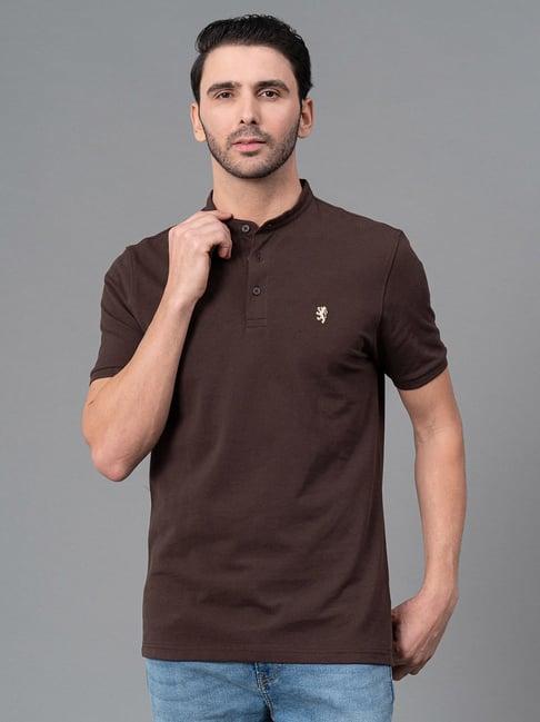 red tape dark brown regular fit cotton henley t-shirt