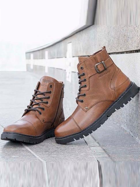 red tape men's tan derby boots