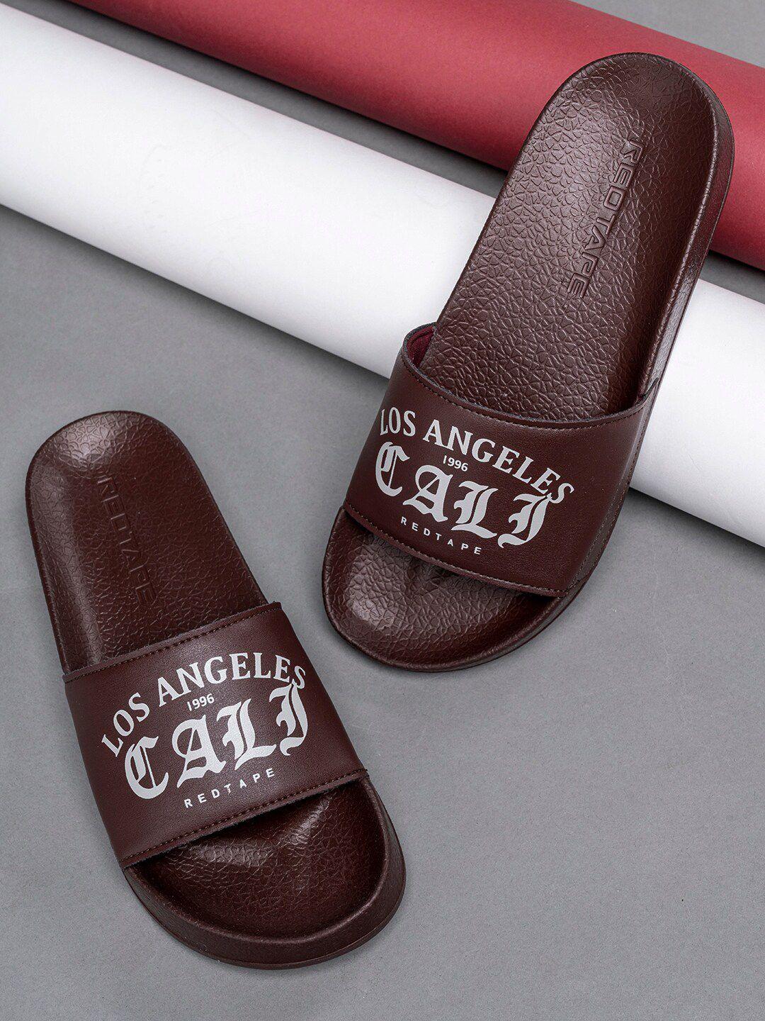 red tape men brown & white printed rubber sliders