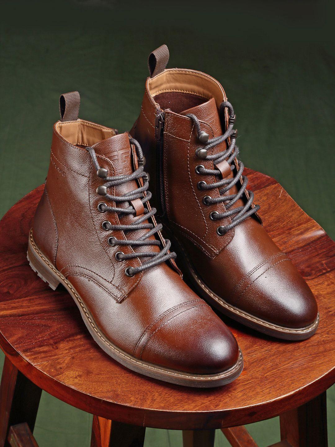 red tape men brown mid-top leather biker boots