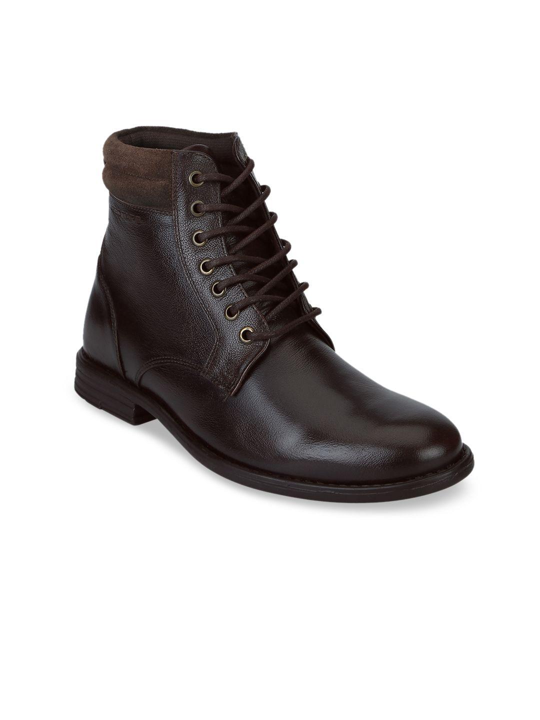 red tape men coffee brown solid leather mid-top flat boots