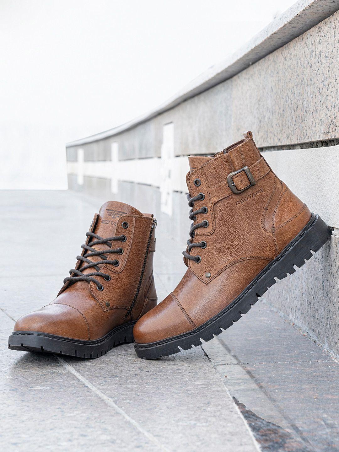 red tape men textured buckle detail anti-slip ground support leather mid-top biker boots