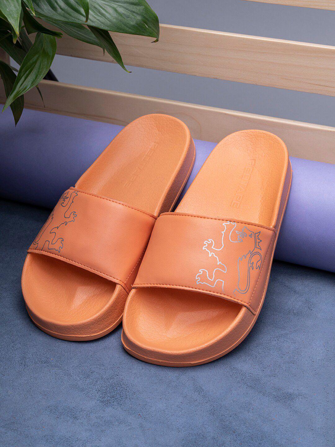 red tape women orange & silver-toned printed rubber sliders