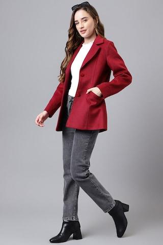 red textured casual full sleeves notch lapel women classic fit jacket