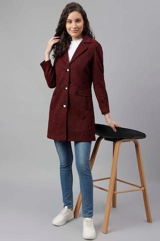 red textured casual full sleeves notch lapel women regular fit jackets