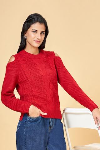 red textured casual full sleeves round neck women slim fit  sweater