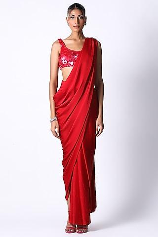 red textured satin draped saree set