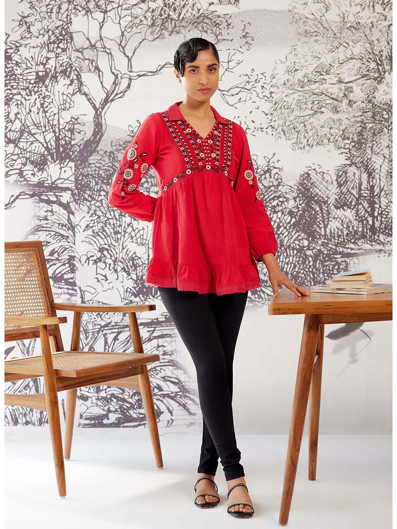 red thigh-length boho tunic with collar & full sleeves