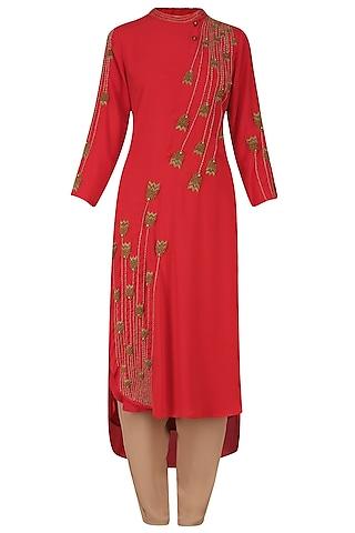 red thread and bead embroidered tunic and pants set