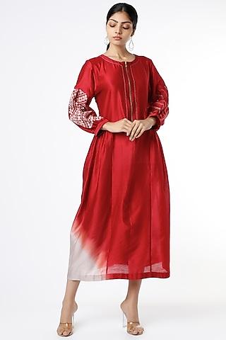red thread applique embroidered shaded dress