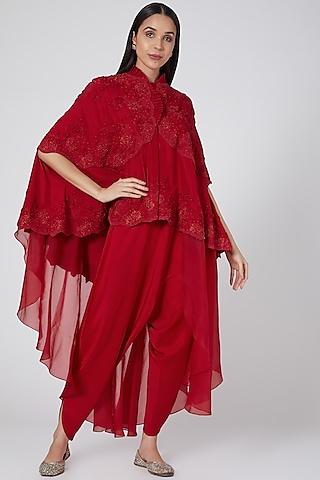 red thread embroidered cape set