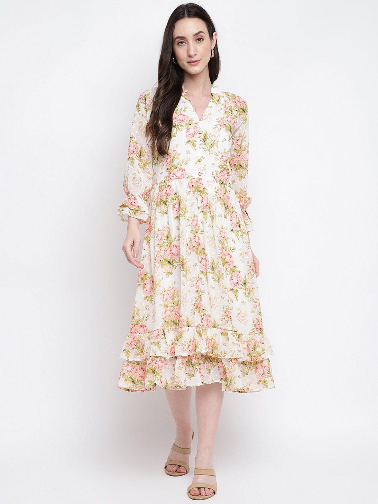 red three fourth sleeve printed polyester dress