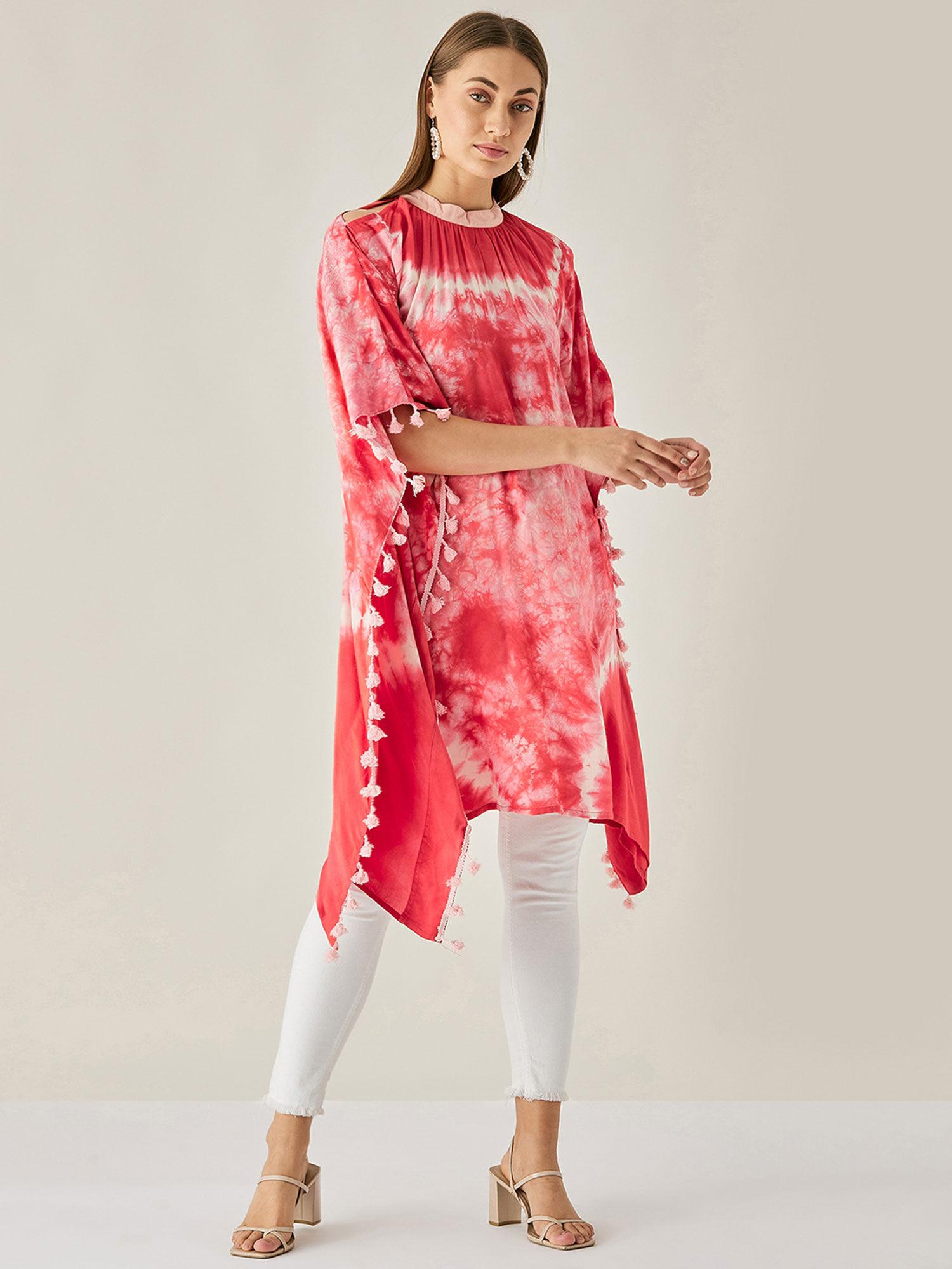 red tie & dye tops tie dye cut shoulder kaftan tunic