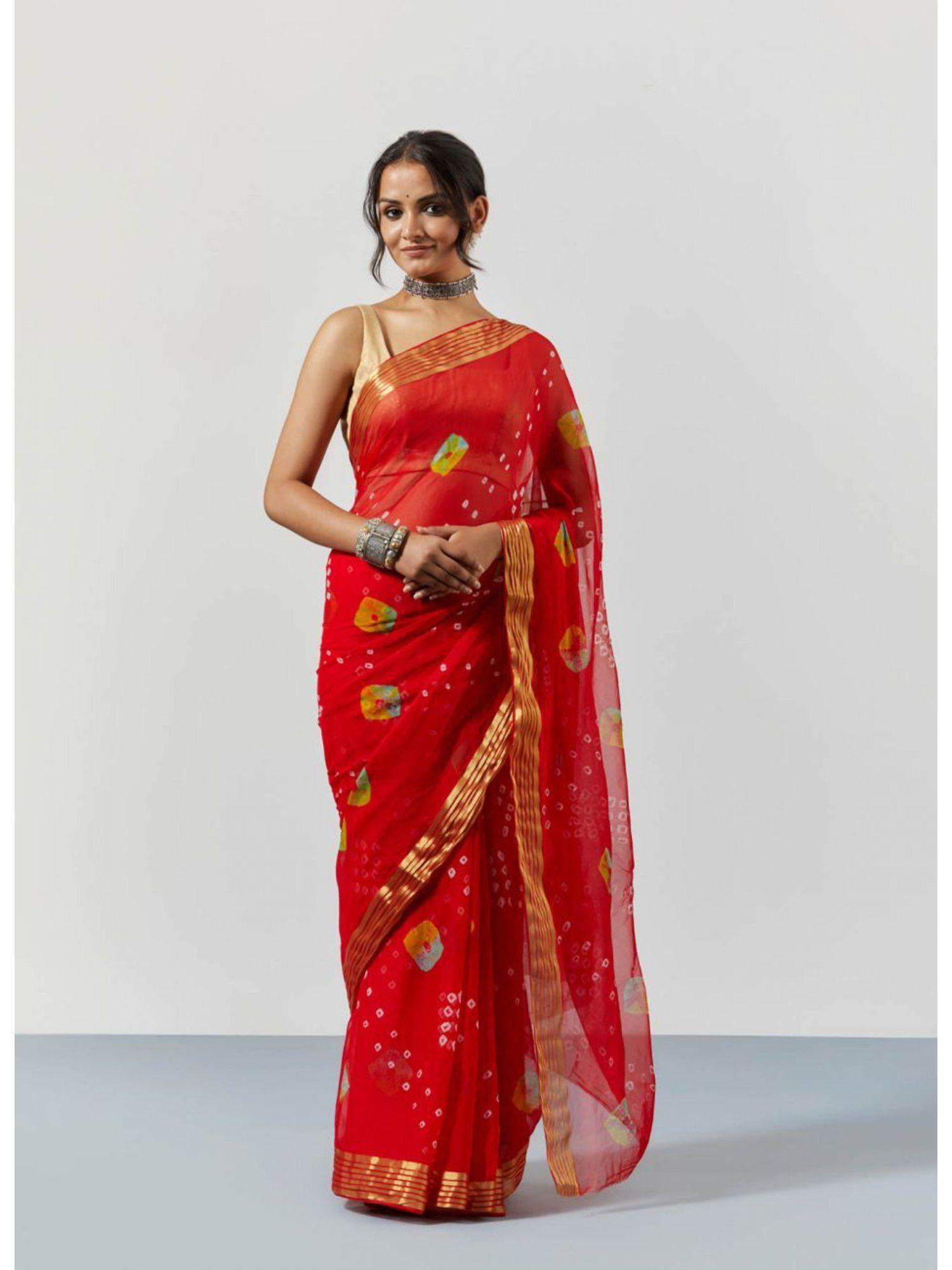 red tie and dye and bandhani print chiffon saree with unstitched blouse