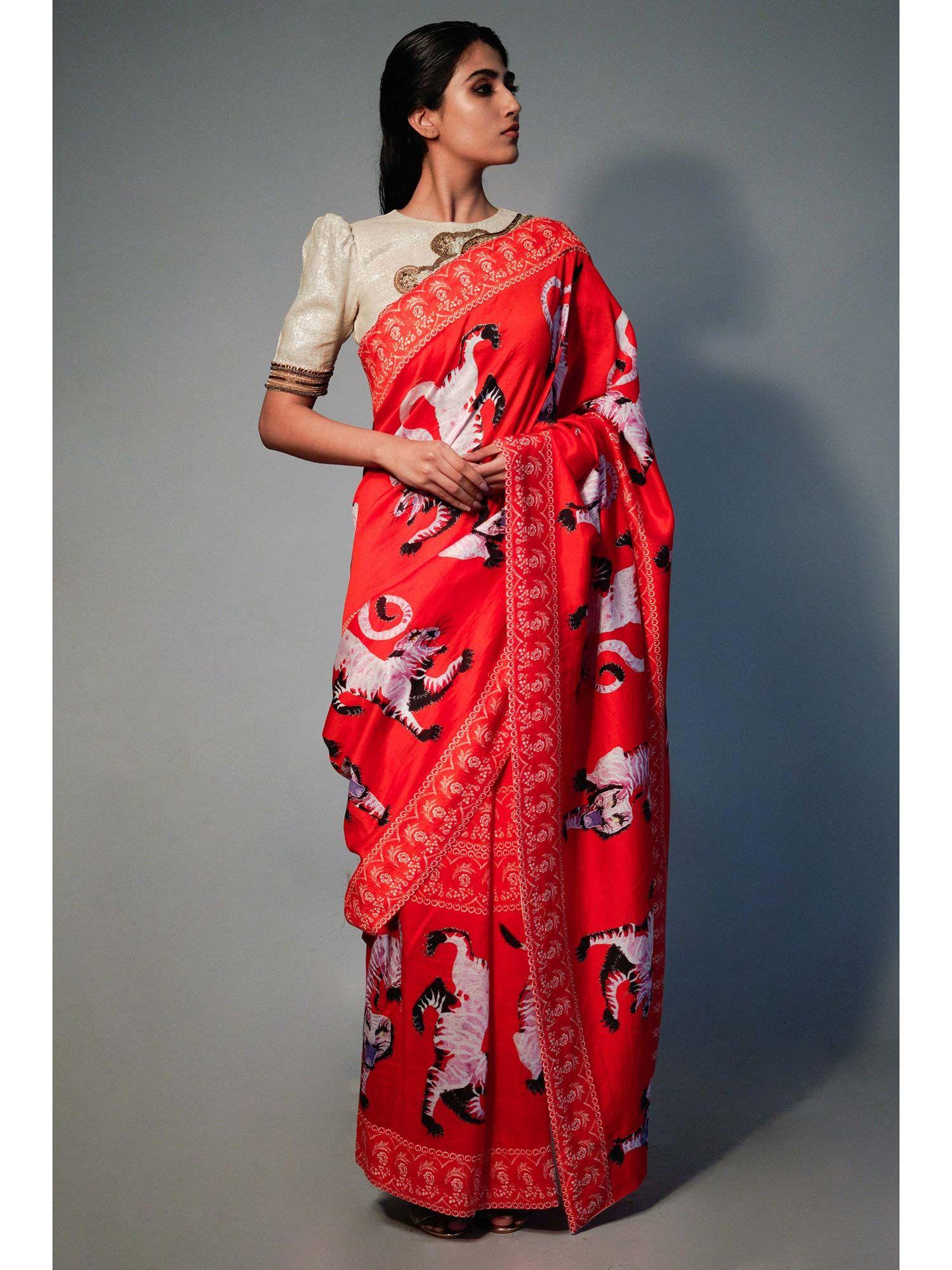 red tiger printed chanderi saree with unstitched blouse