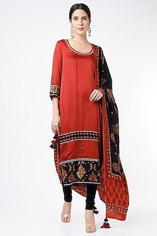 red tinted printed & embroidered kurta set